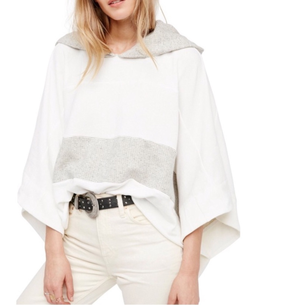 🚫SOLD🚫FREE PEOPLE Never Say Never Grey Ivory Hooded Poncho NWT Size M/L